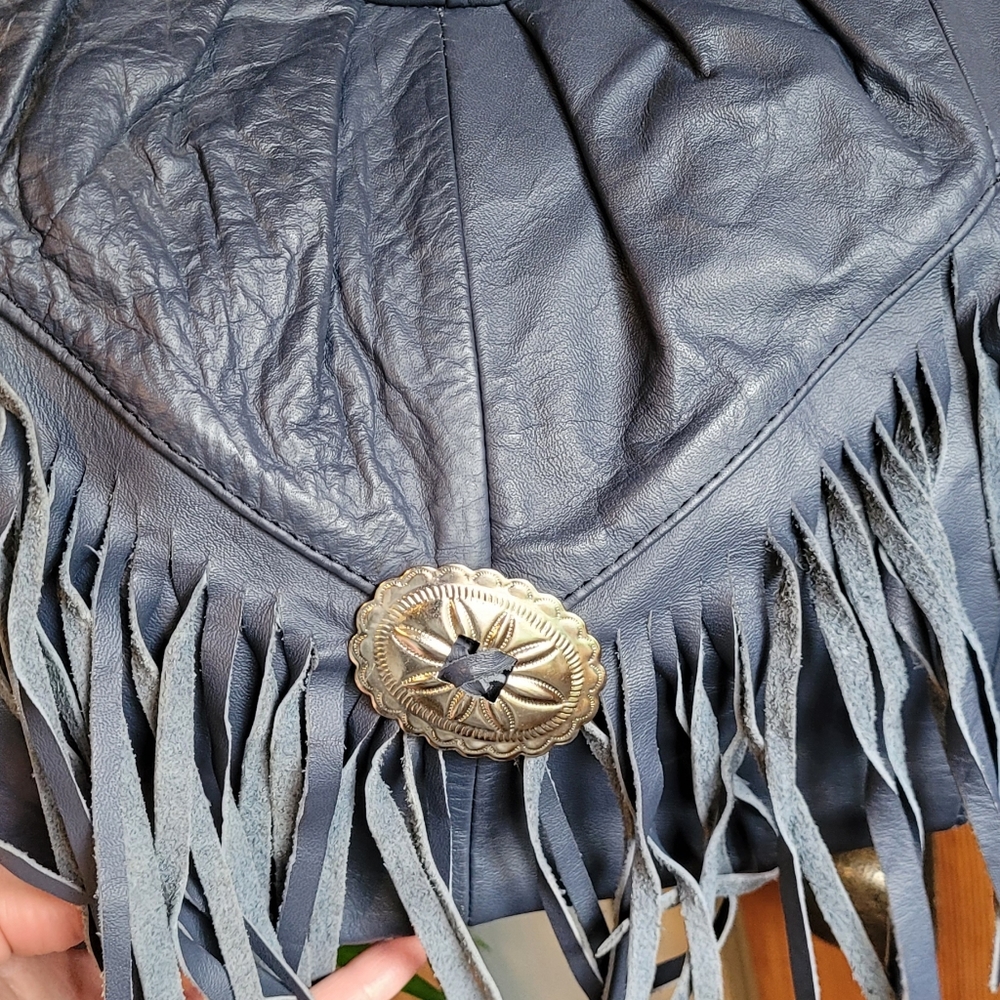 Vintage Blue Leather Fringe Shoulder Bag - Picture 4 of 14